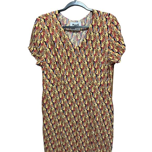 Flax Geometric Shirt Dress Maxi V Neck Relaxed Fit Yellow Purple Size Small - Picture 2 of 10